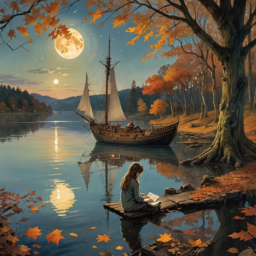 Girl Reading by Lake with Ship, Storybook Illustration