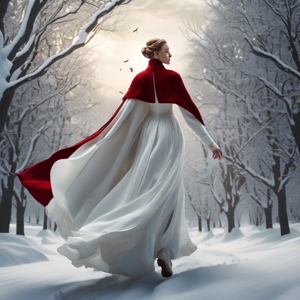 Woman in White Gown Walking in Winter