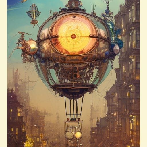 Steampunk Art Nouveau Clockwork Air Balloon Illustration