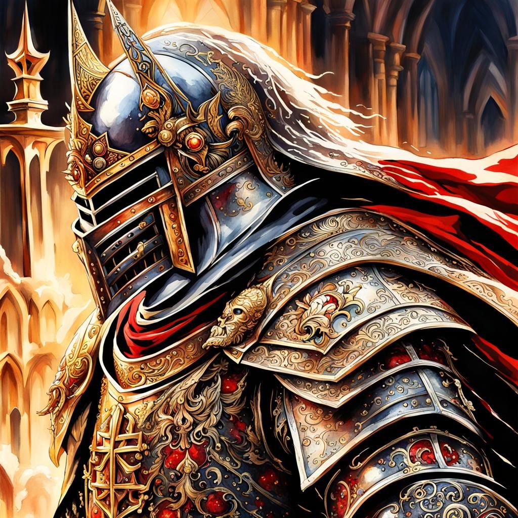 Gothic Knight Crusader in Dark Fantasy Watercolor