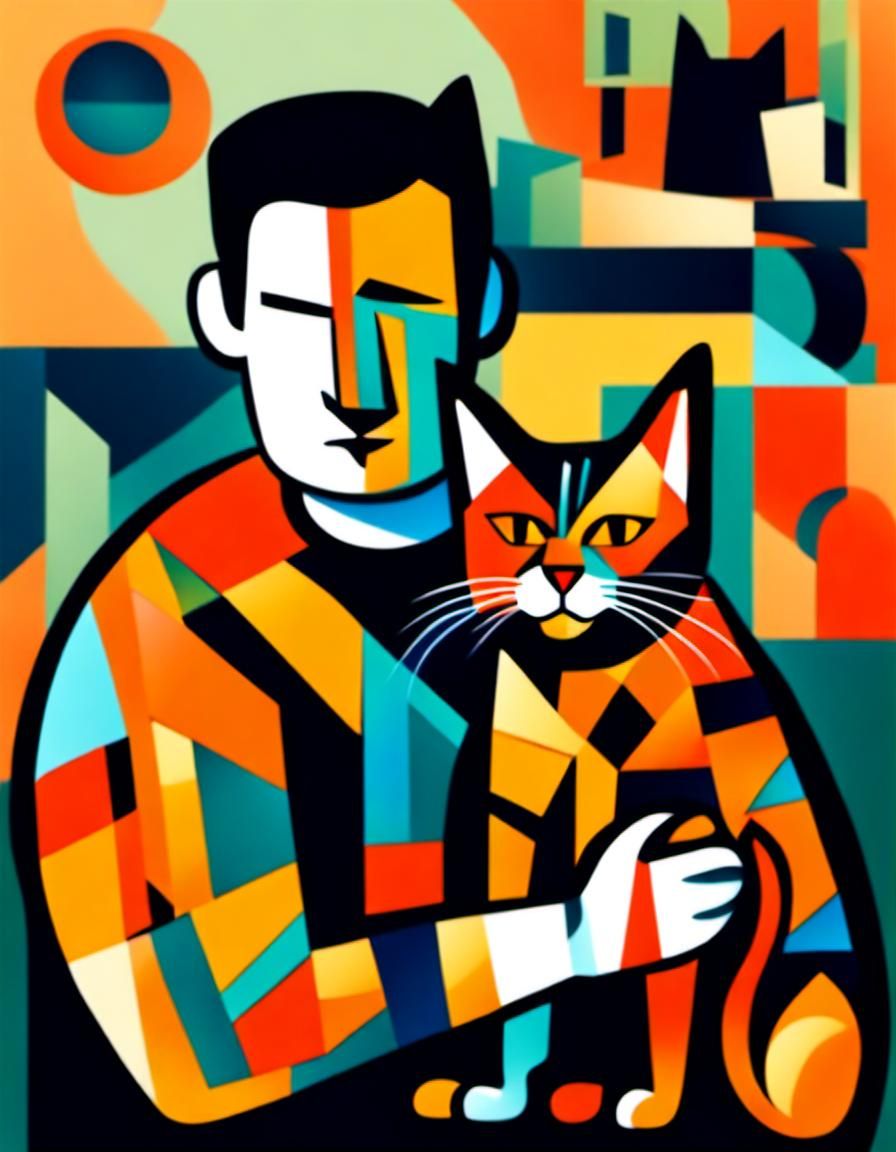 Cubist Man Stroking a Tortoiseshell Cat