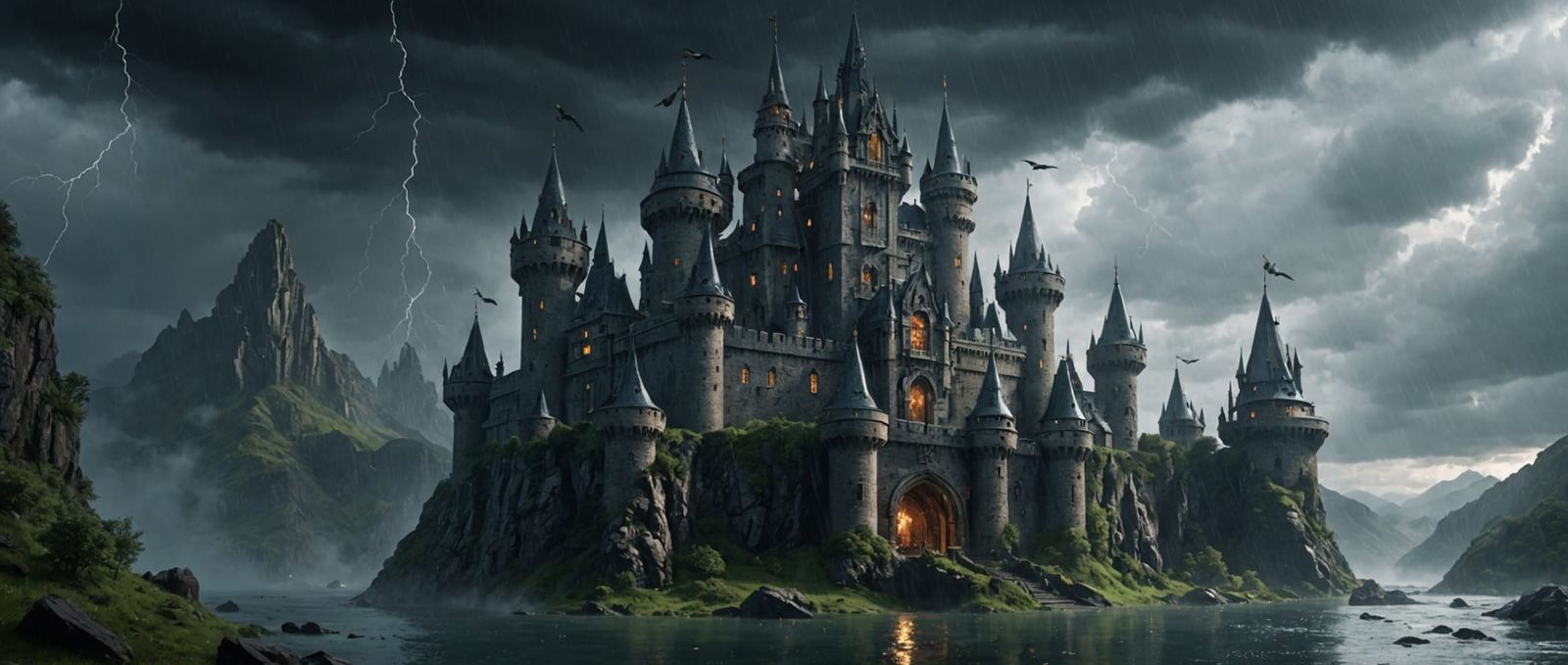 Mystic Castle in Rain and Thunderstorm
