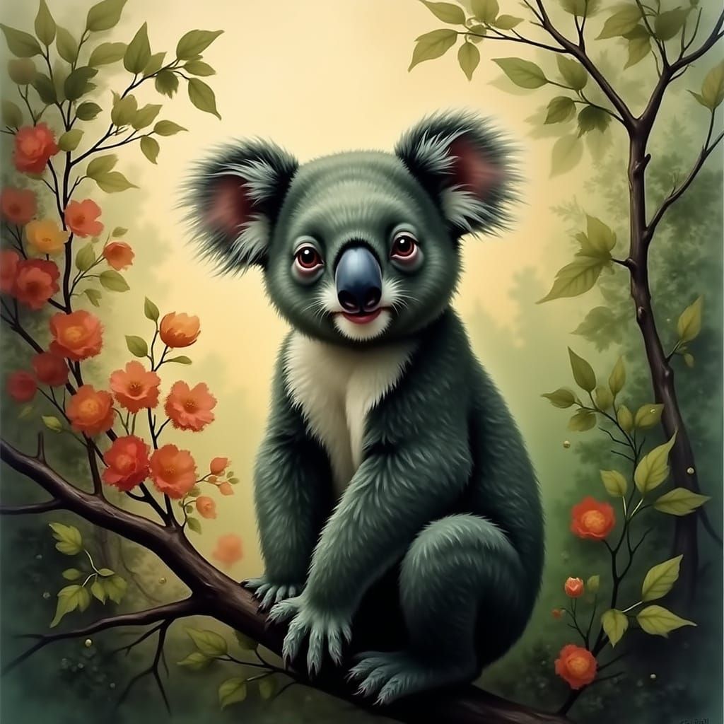 Koala Baby in Whimsical Foggy Landscape