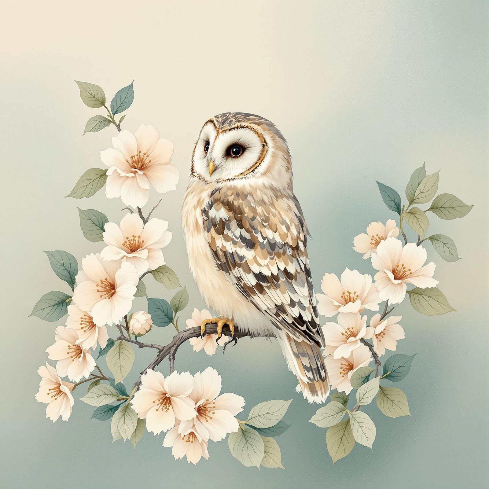 Botanical Owl Watercolor Illustration in Vintage Style