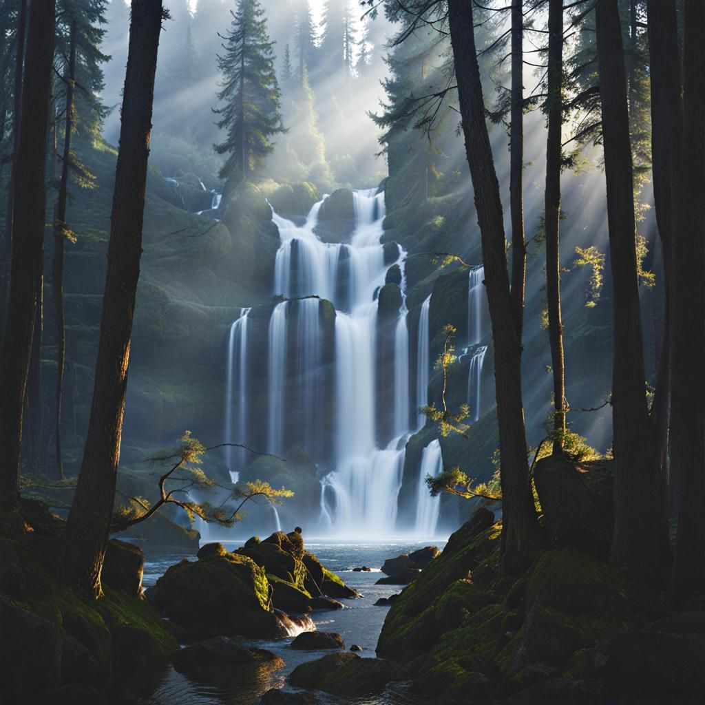 Forest Waterfall at Sunset in Golden Age Illustration Style