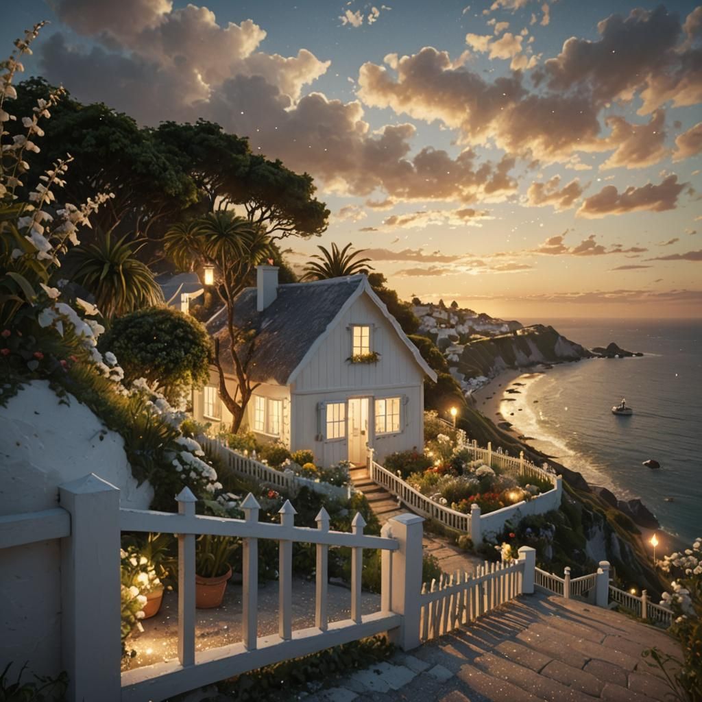 Seaside Cottage with Glittering Midnight Garden