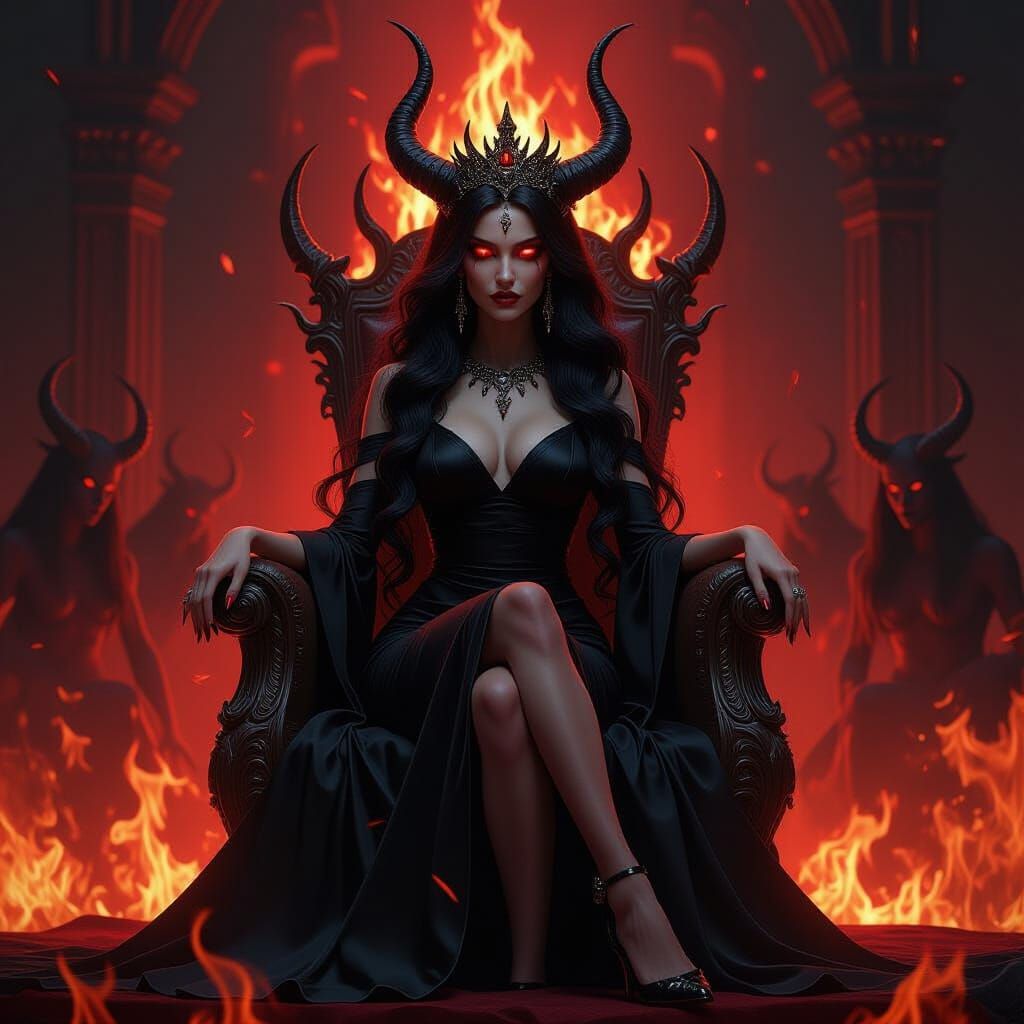 Ancient Goddess of Demons Seated on Ornate Throne