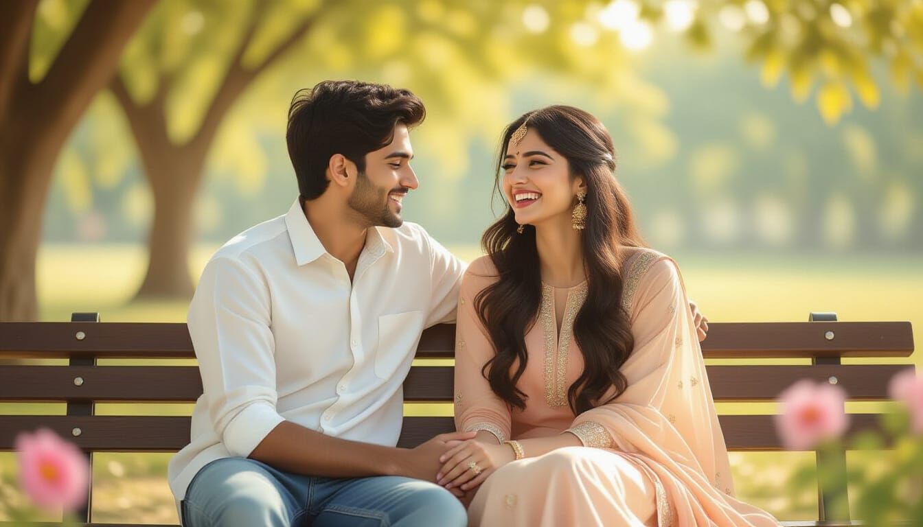 Romantic Couple on Wooden Bench in Soft Sunlight