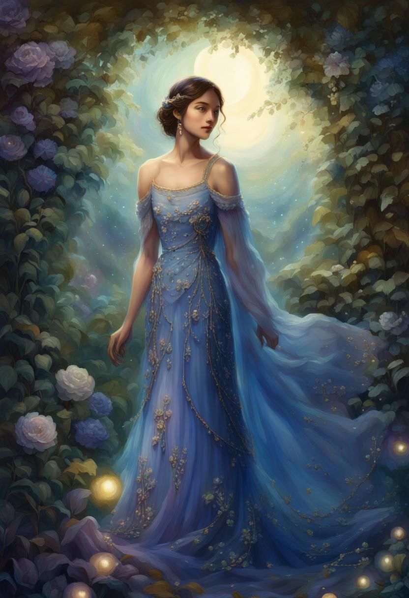 Woman in Blue Gown in Moonlit Garden