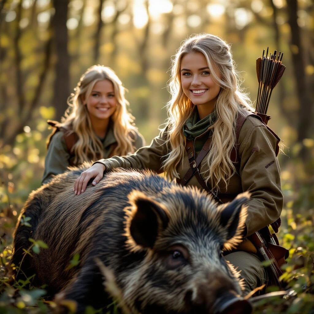 Young Hunter and Sister with Wild Boar in Forest