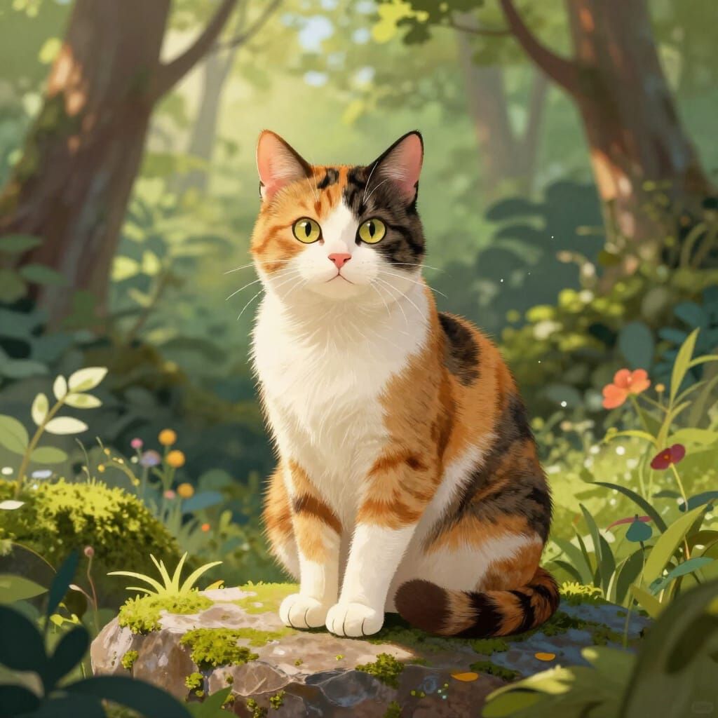 Whimsical Calico & Tortoiseshell Cat in Forest