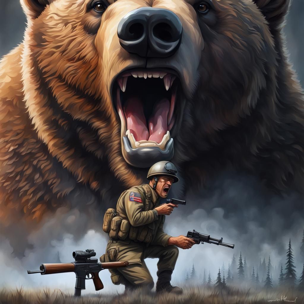 Grizzly Bear Omen Over Soldier in Realism Style
