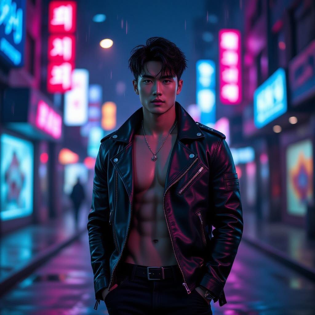 Korean Man in Neon Cyberpunk Street