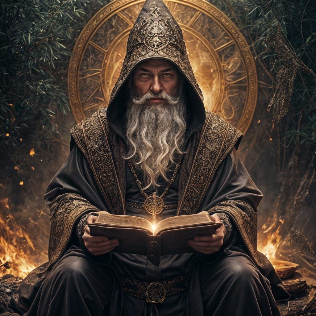 Dark Fantasy Wizard Weaving Cosmic Magic in Forest