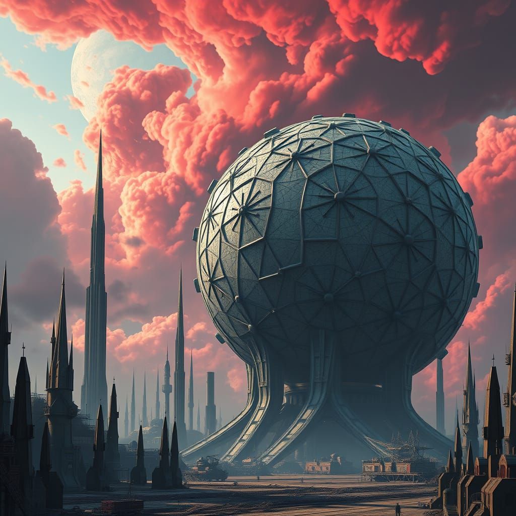 Cyberpunk Industrial Monolith Under Red Skies