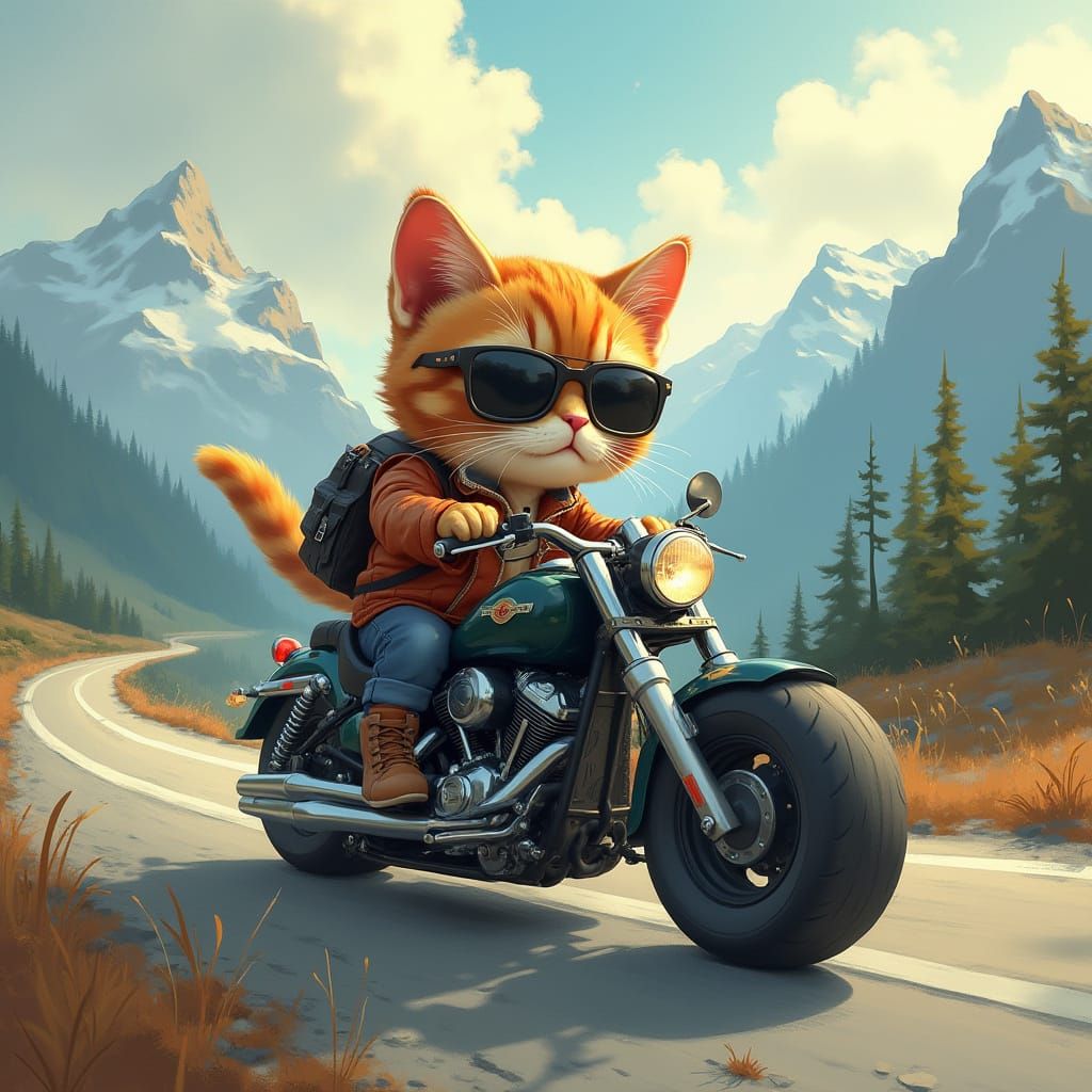 Tabby Cat on Motorcycle, Digital Art
