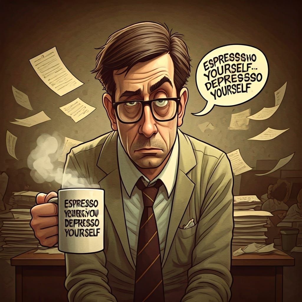 Tired Office Worker with Coffee Mug in Dystopian Office