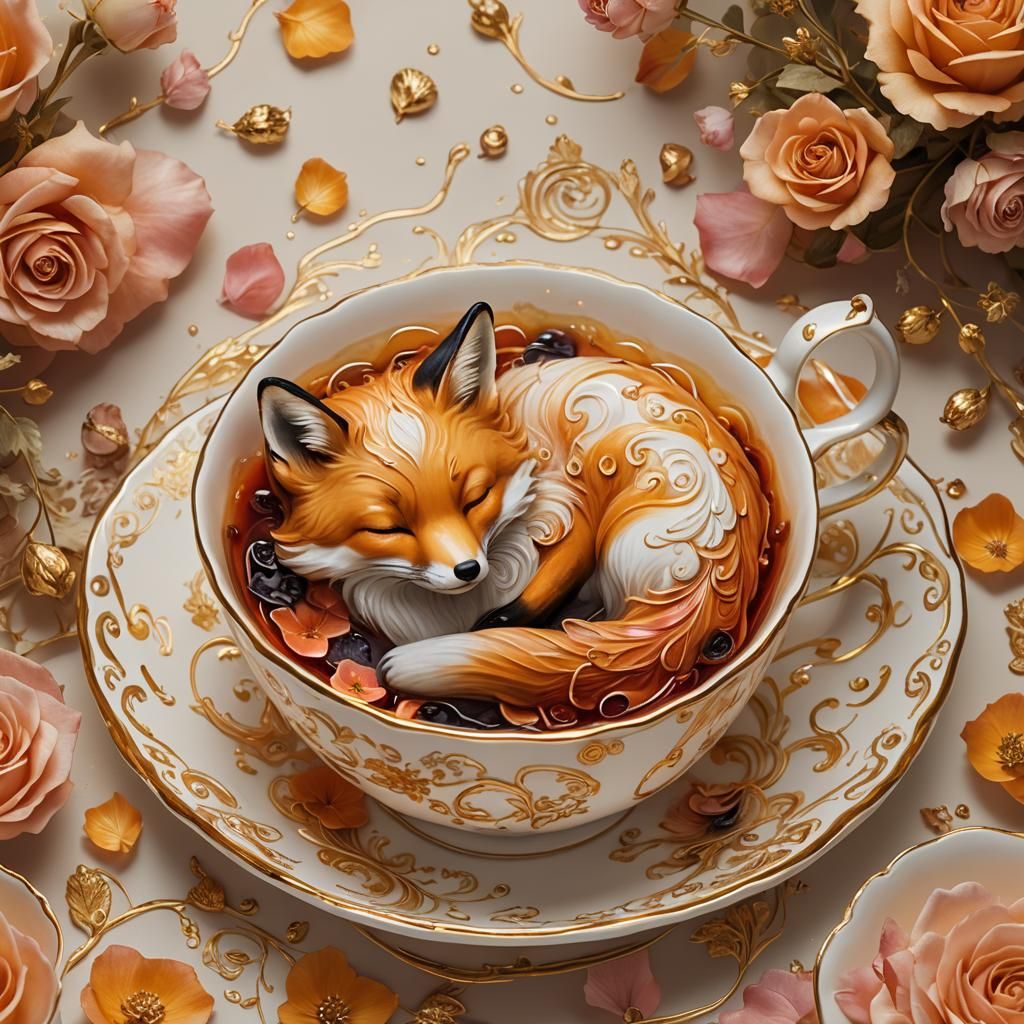 Fiery Fox Asleep in Teacup: Hyperrealistic Illustration