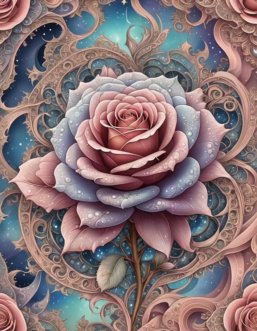 Pastel Sky with Rose, Stars and Distant Temple