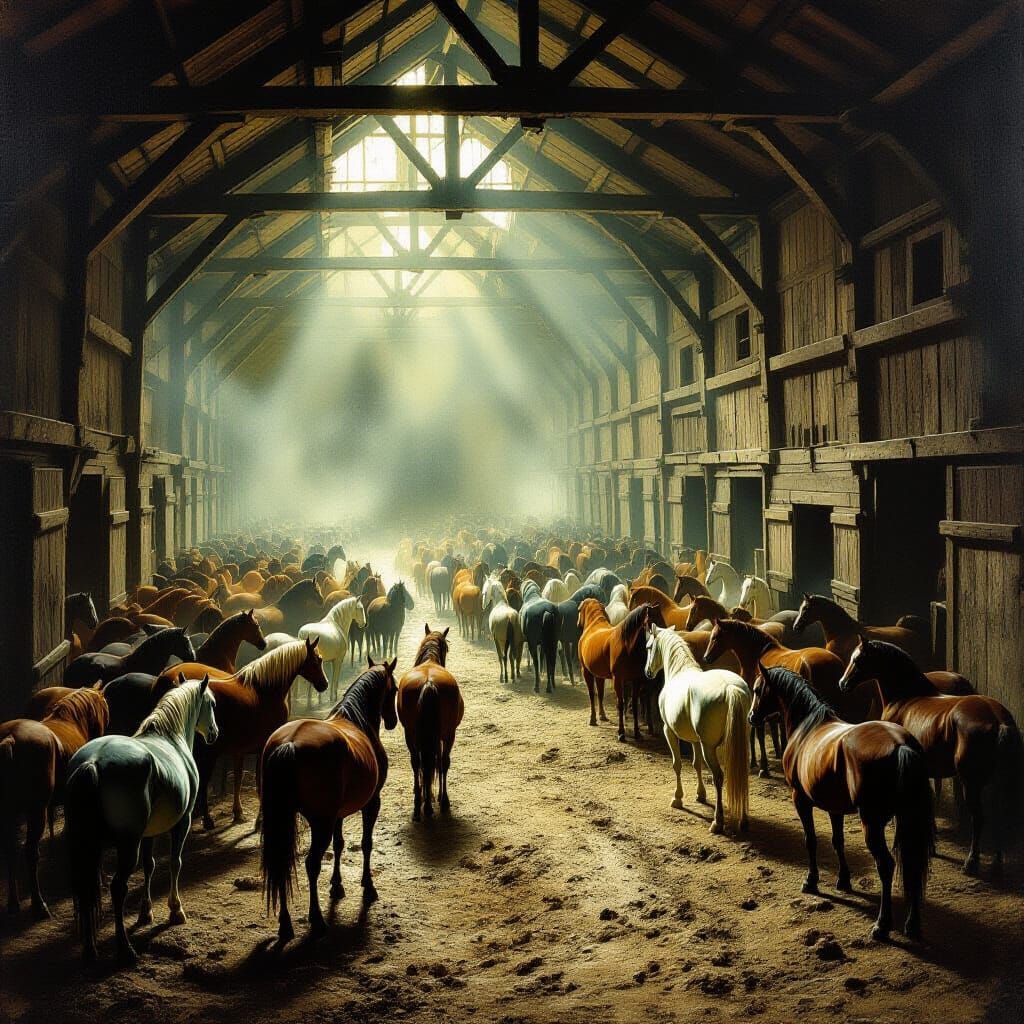 Gritty Realist Oil Painting of Filthy Horse Stables