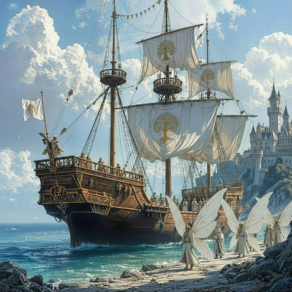 Giant White Sailing Ship with Elvin Soldiers Near Castle