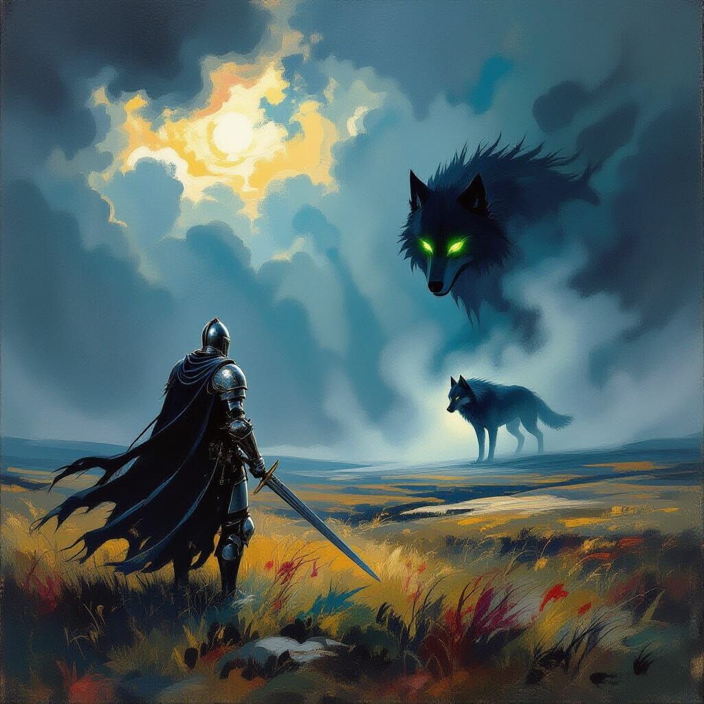 Knight Confronts Spectral Wolf on Stormy Moor