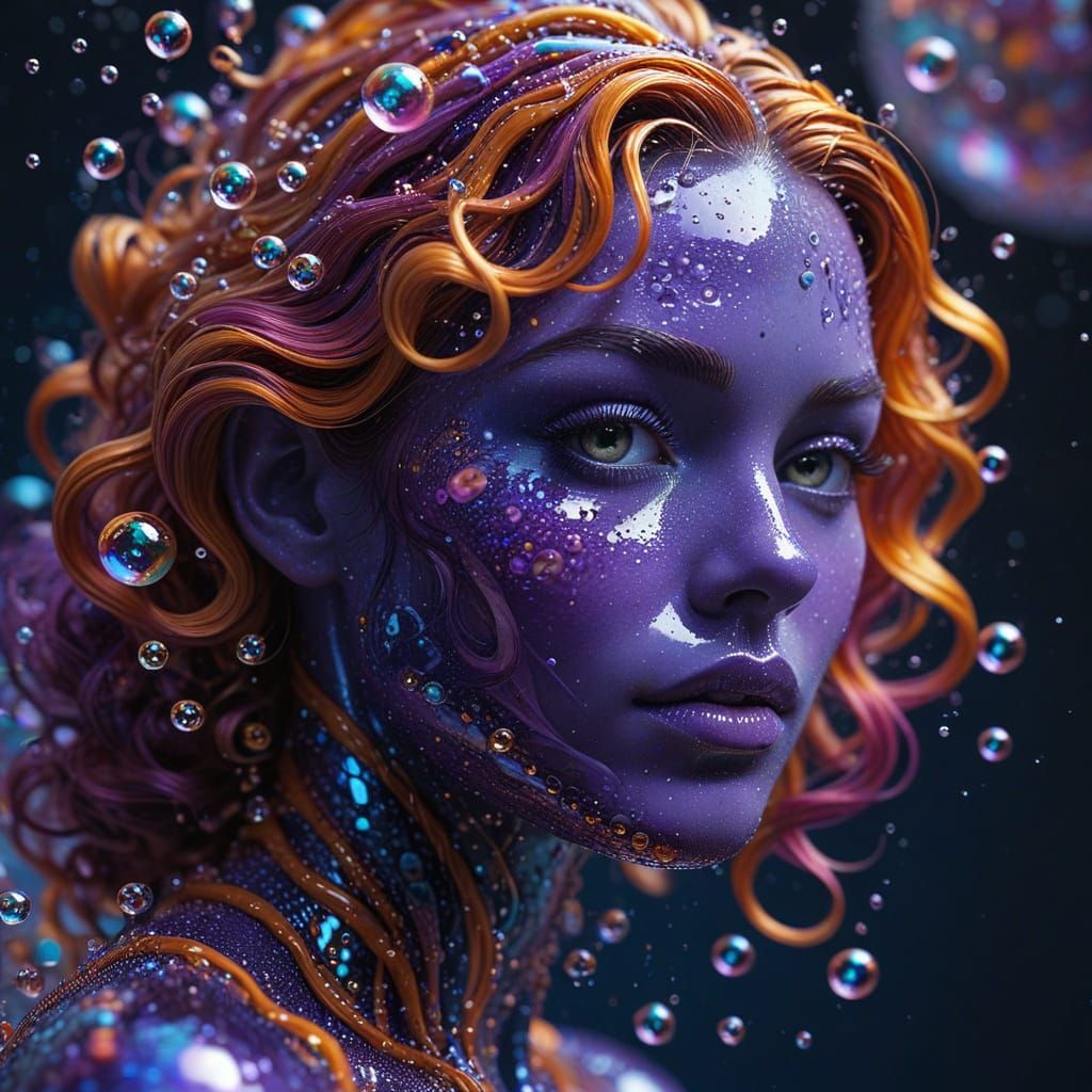 Iridescent Bubbles Form Woman's Face