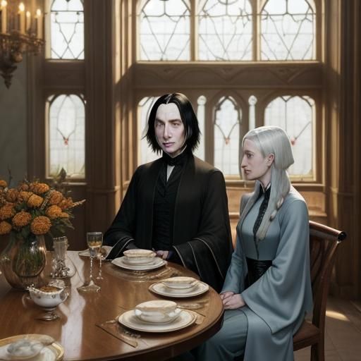 Narcissa and Severus Share Tea in Sunlit Tearoom