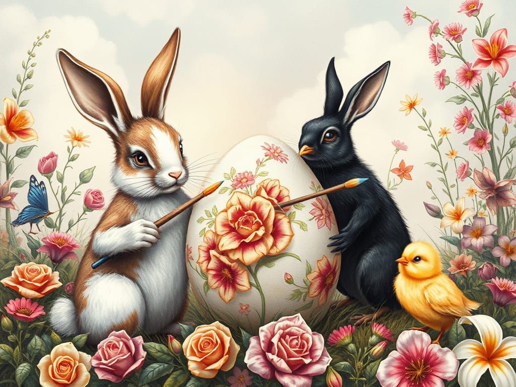 Whimsical Easter: Bunnies and Chicks Painting Eggs