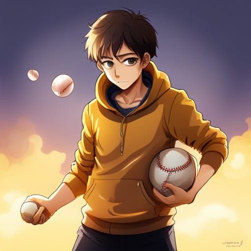 Teenage Boy Tossing Baseball in Anime Style