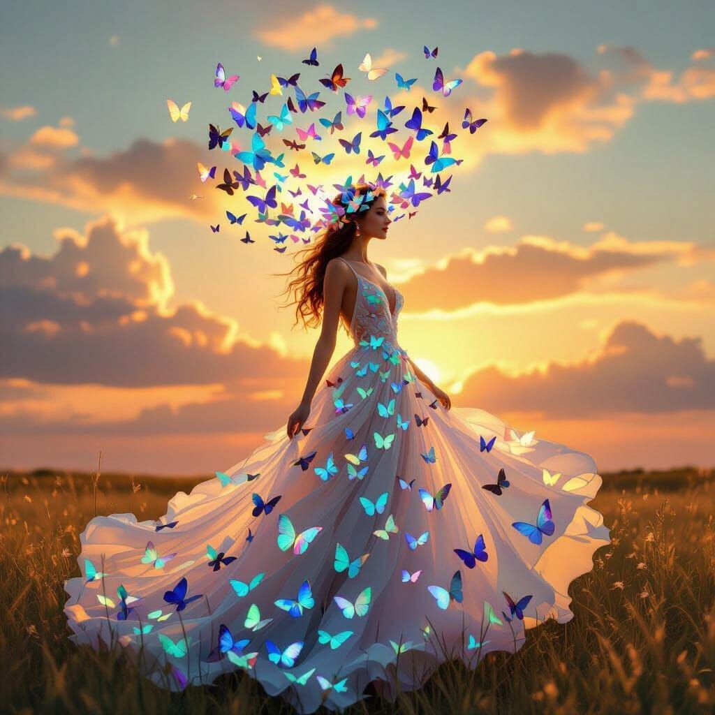 Butterfly Gown: Ethereal Woman in Sunset