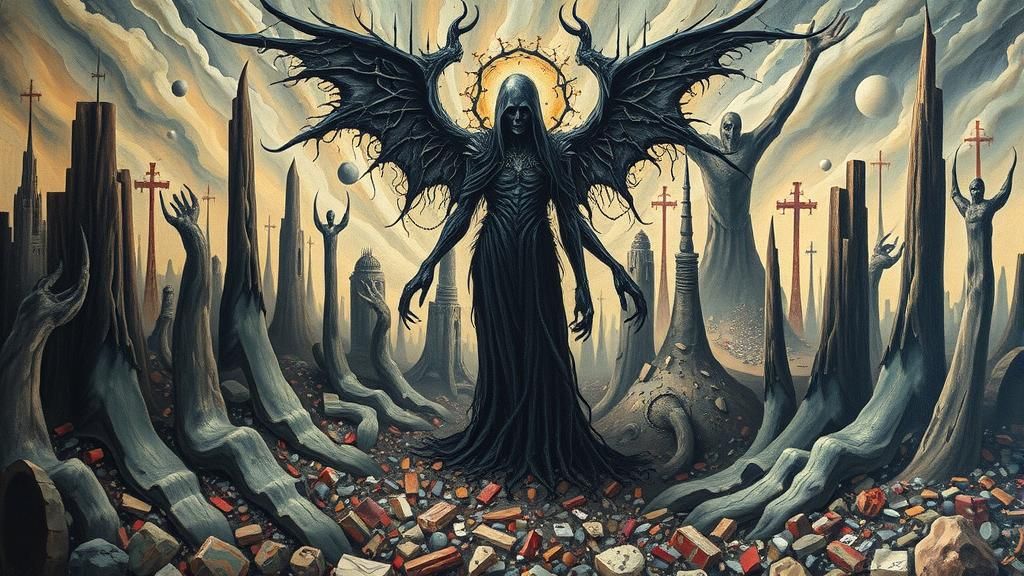 Dark Figure in Dystopian Surrealist Landscape