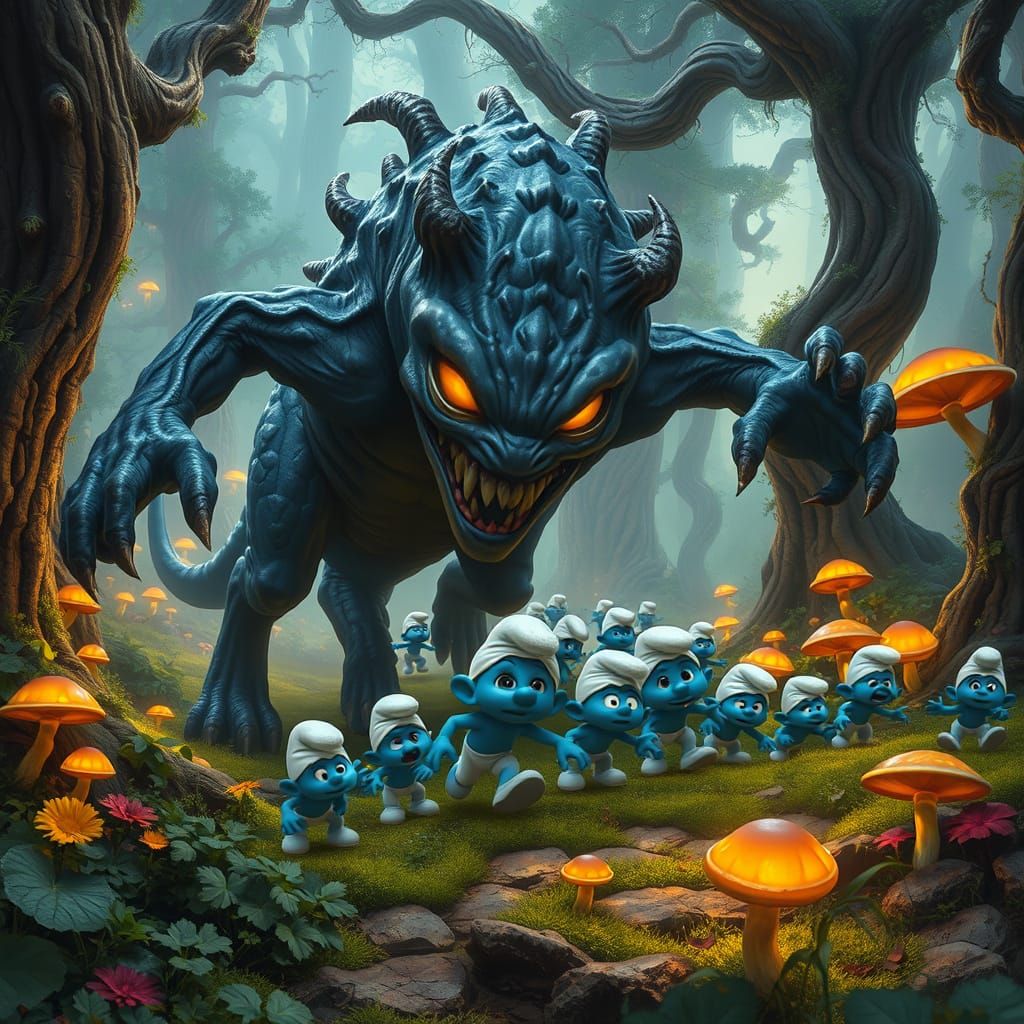 Dark Fantasy Scene with Agargamul Chasing Smurfs in a Vibran...