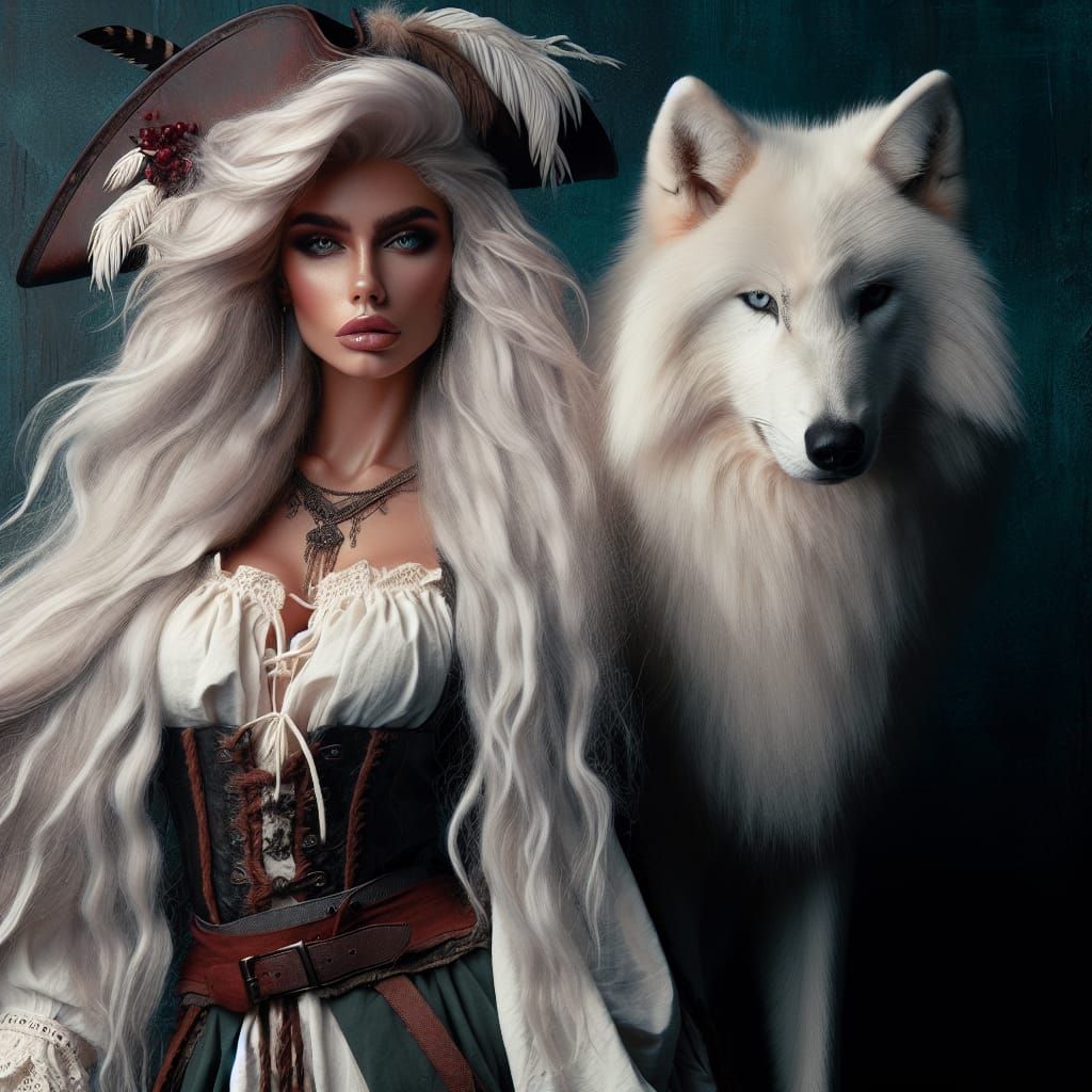 Pirate Woman with White Wolf Companion