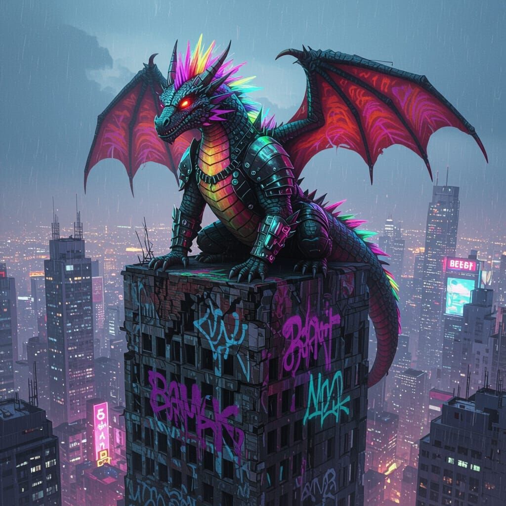 Punk Rock Dragon Perched Atop Cyberpunk Skyscraper