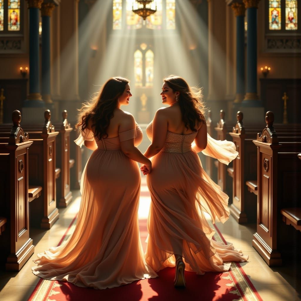 Elegant Women Rush Towards Each Other in a Historic Church