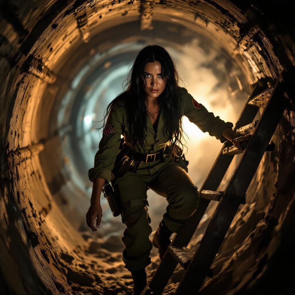 Woman Climbs Broken Ladder in Vietnam War Tunnel