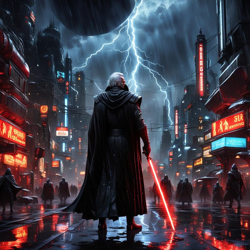 Futuristic Palpatine in Armor Amidst Cyberpunk Cityscape