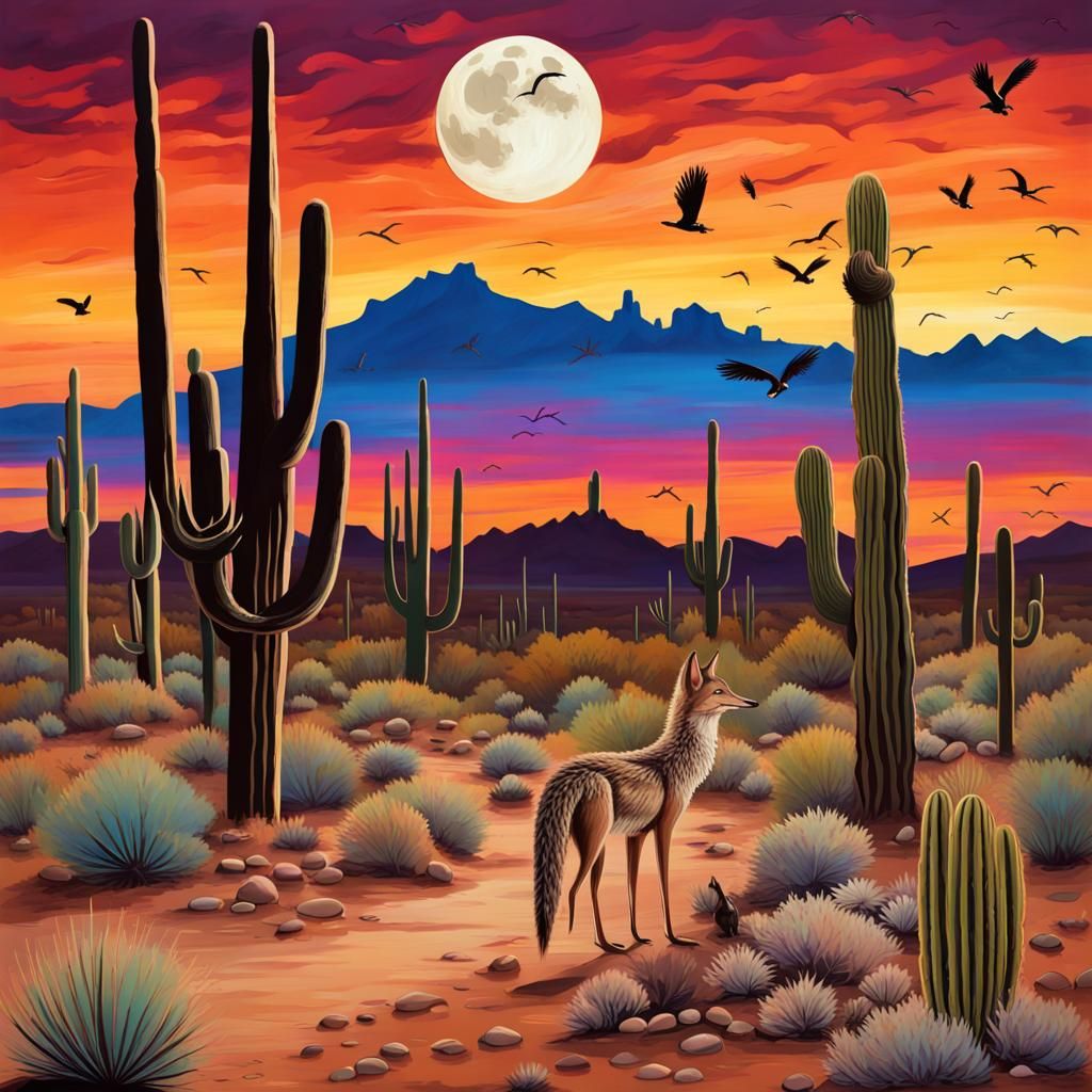 Sonoran Desert Landscape with Coyotes, Abstract Art