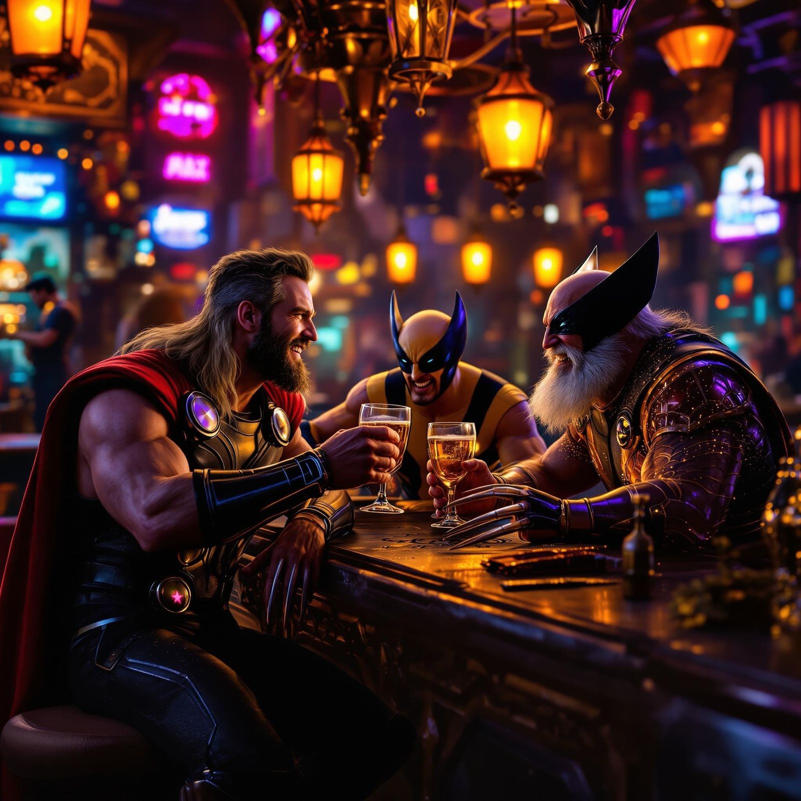 Superheroes Unwind in a Futuristic Tavern