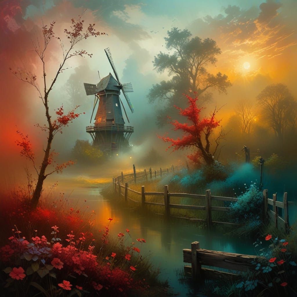 Dutch Windmill in a Moody, Foggy Landscape
