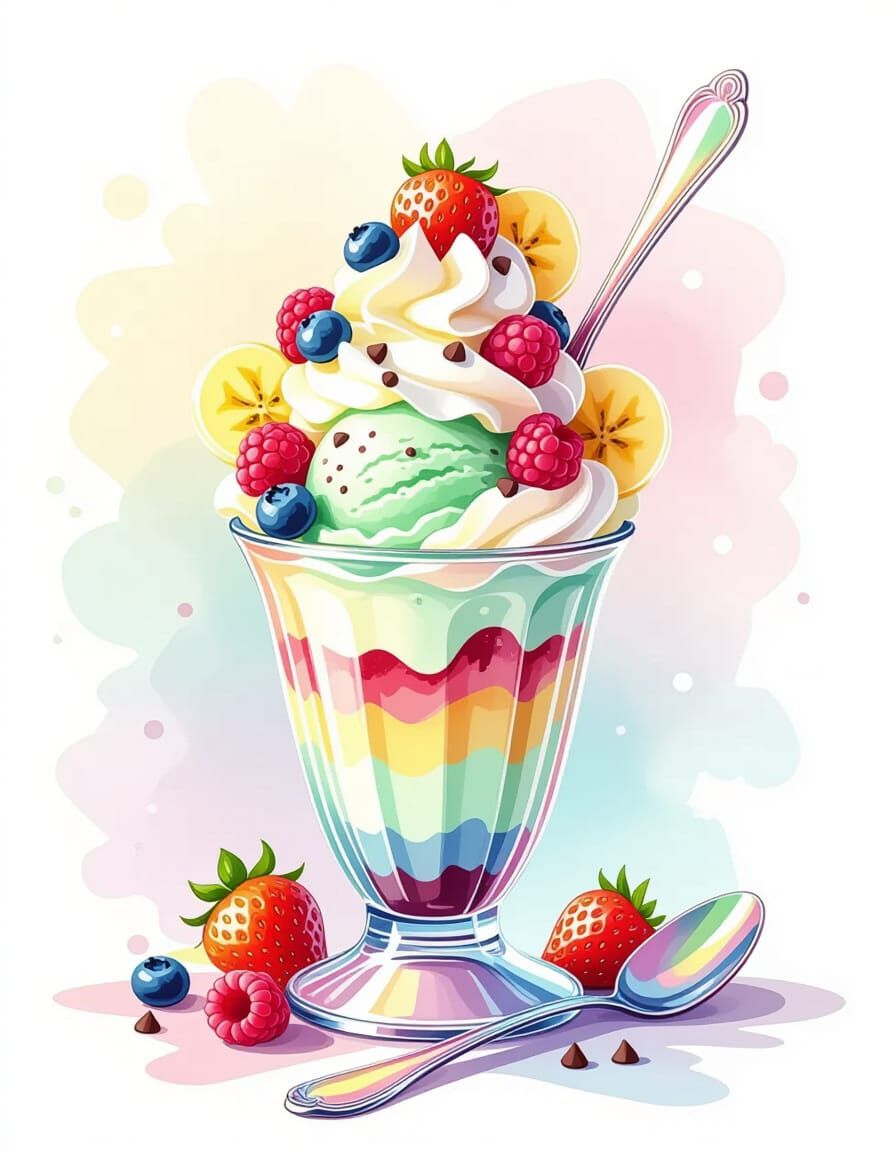 Mint Chocolate Sundae with Berries in Pastel Hues