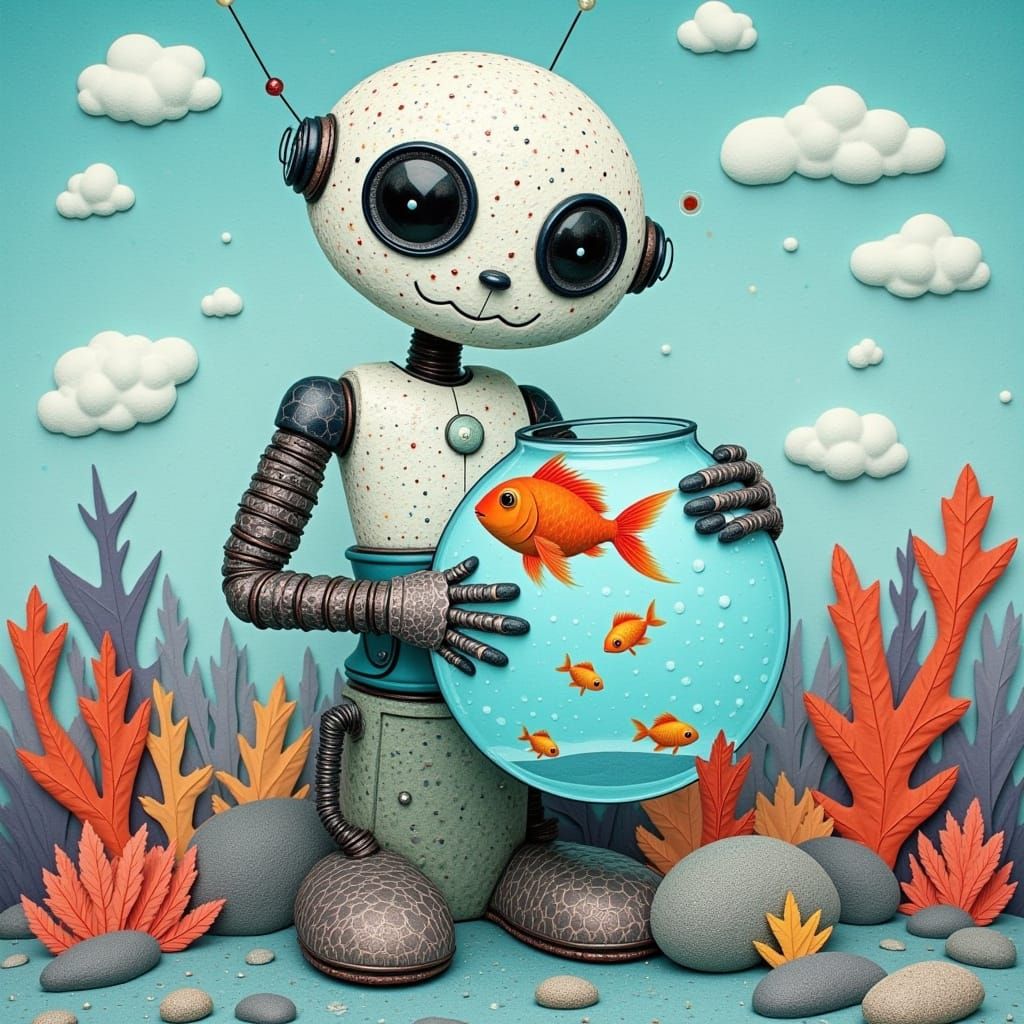 Cute Robot Holding Fishbowl in Paper Art Style