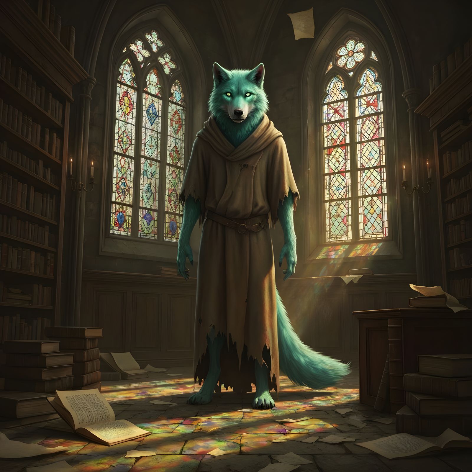 Bioluminescent Wolf Guarding Gothic Library