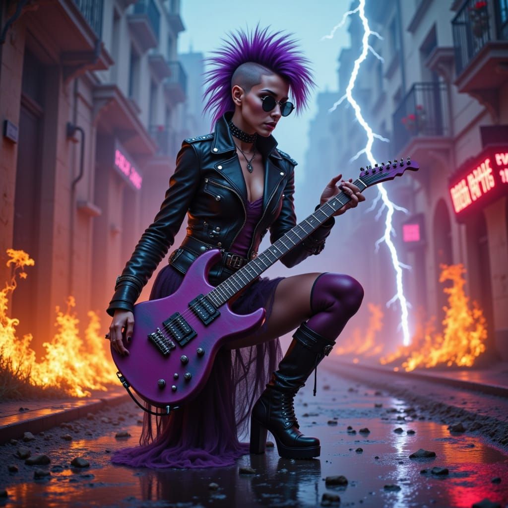 Punk Rocker in Fiery Paris Street
