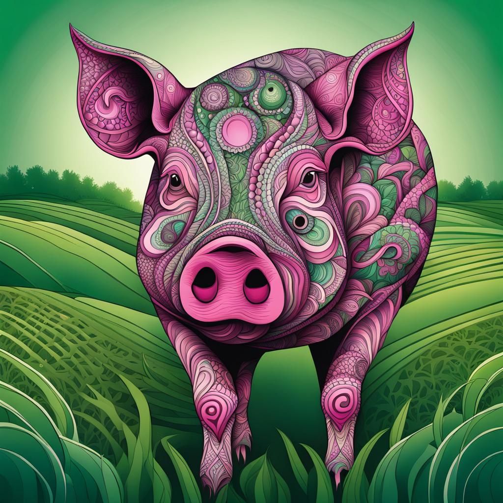 Zentangle Pink Pig in Green Field with 3D Shading