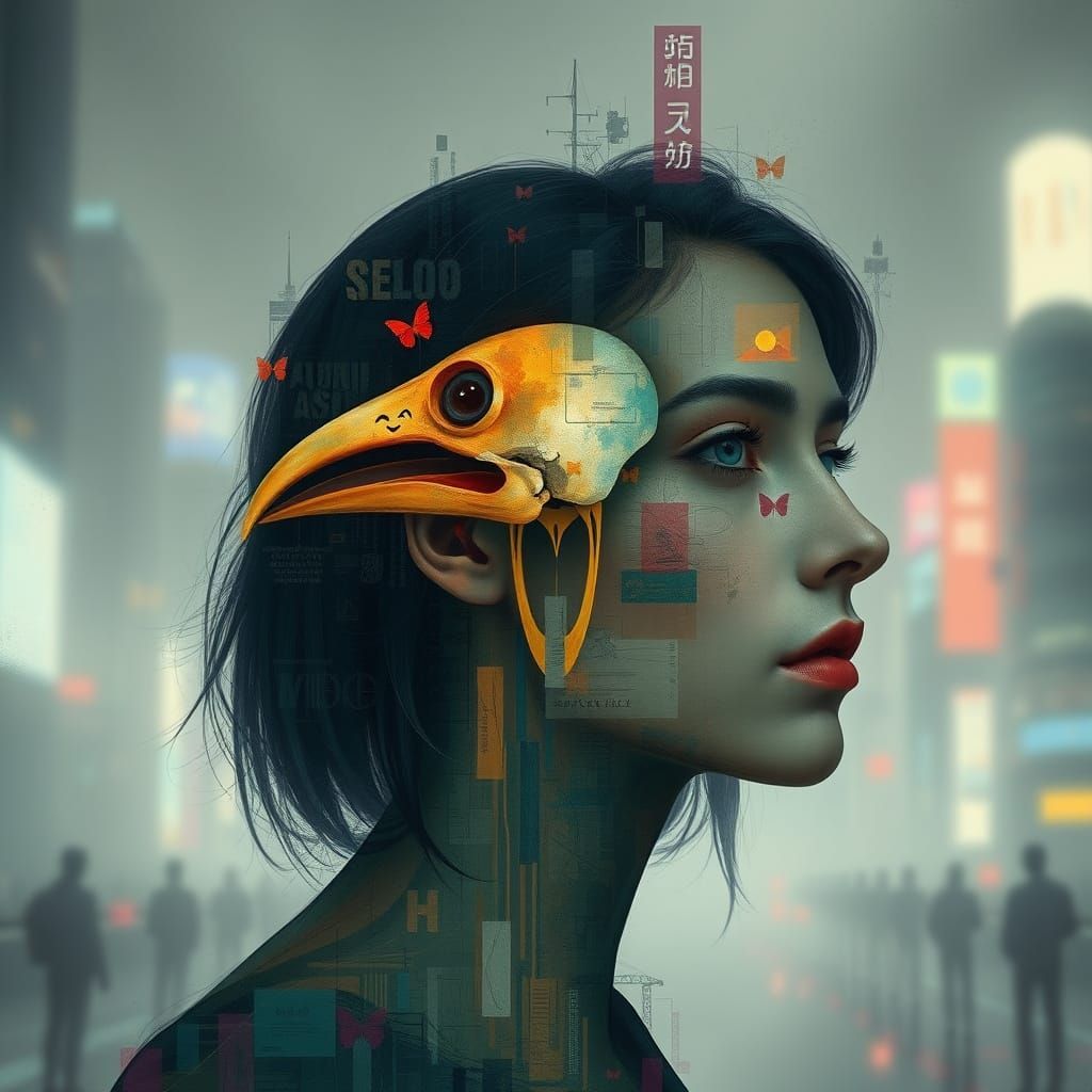 Woman with Bird Skull in Head, Abstract Expressionism