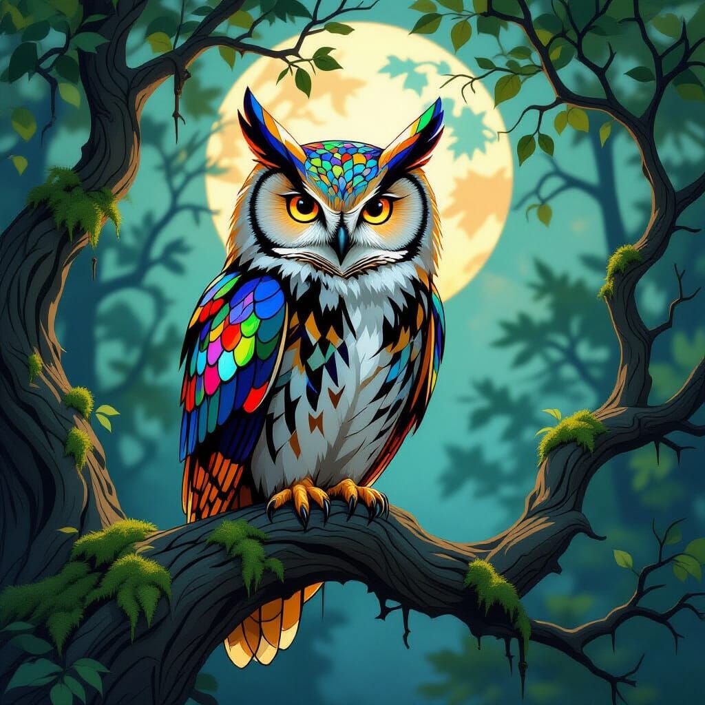 Majestic Stained Glass Owl in Twilight Forest