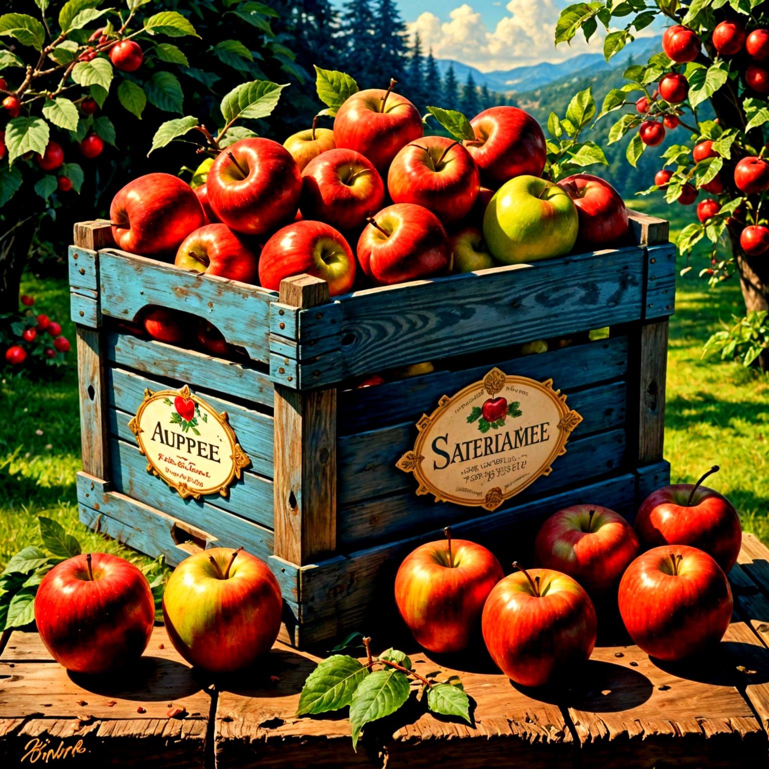 Vibrant Retro Apple Crate in European Ink Style