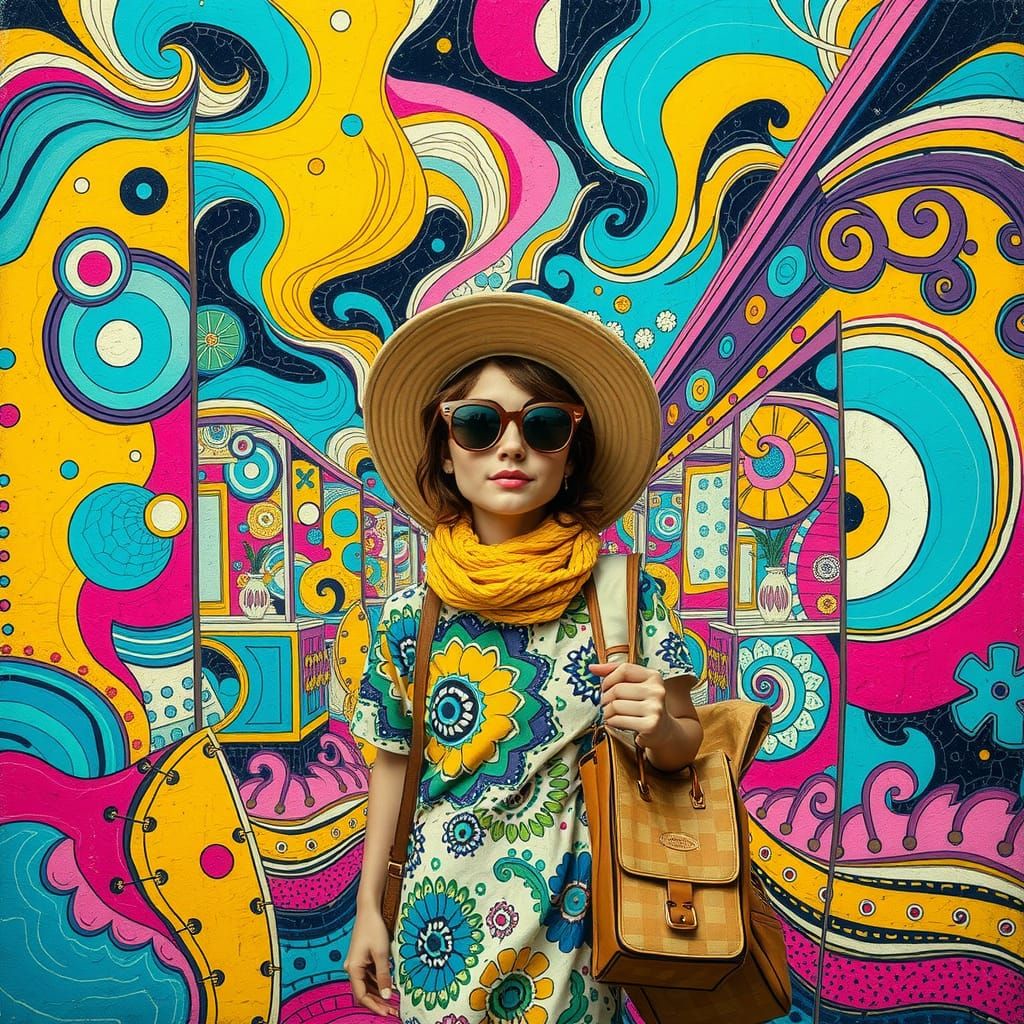 Whimsical Tourist Lost in Vibrant Abstract Market